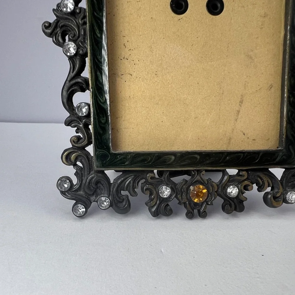 Ornate Bejeweled Frame Bronze Color 3.25 x 2.25 Vintage Green Enamel Baroque